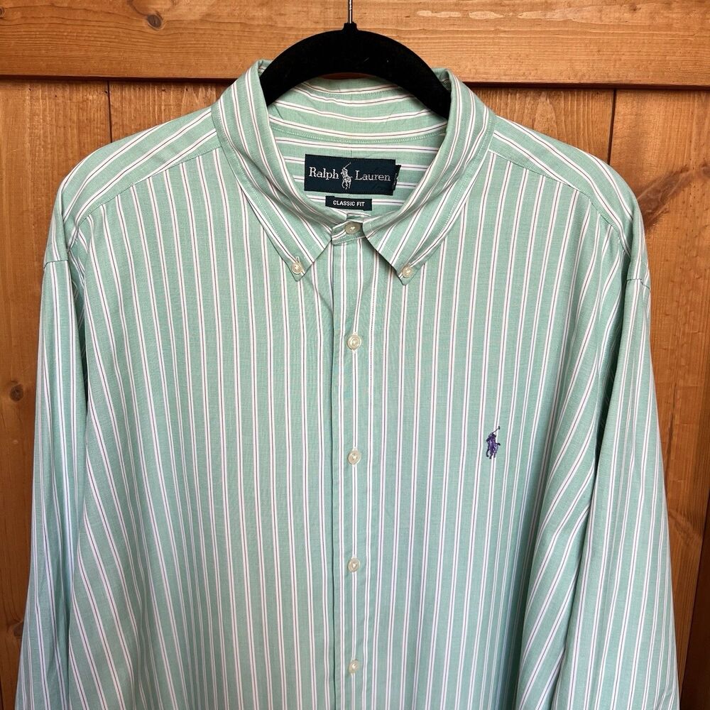 Polo Ralph Lauren Button Down Shirt Mens XL Mint‎ Green Striped Long Sleeve